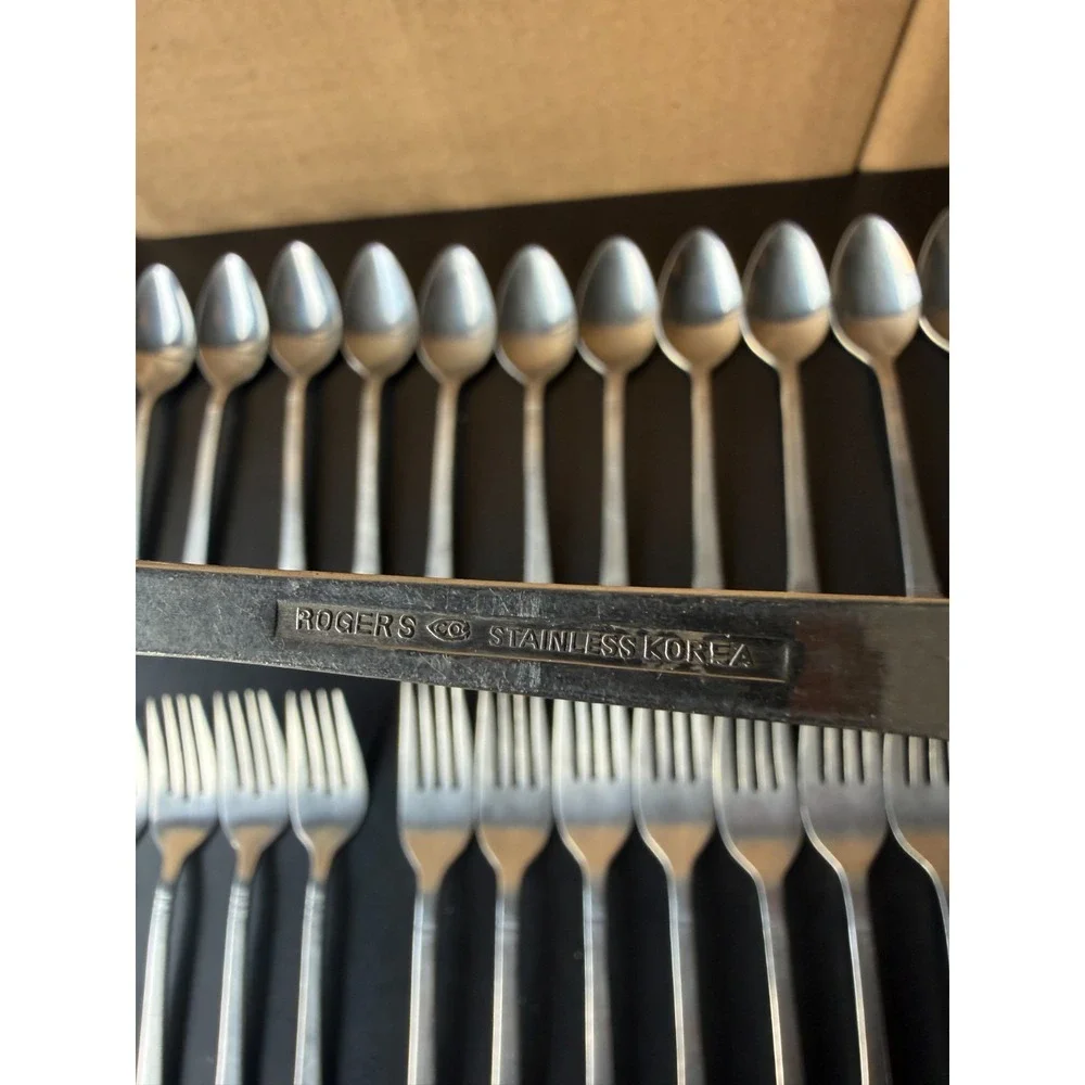Vintage 53 piece Rogers Stainless Korea Flatware Ornate Floral Crown Royal